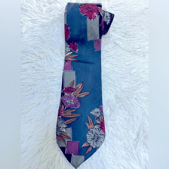 Don Loper of Beverly Hills-100% Italian silk blue w/floral geometric pattern tie - Picture 1 of 8